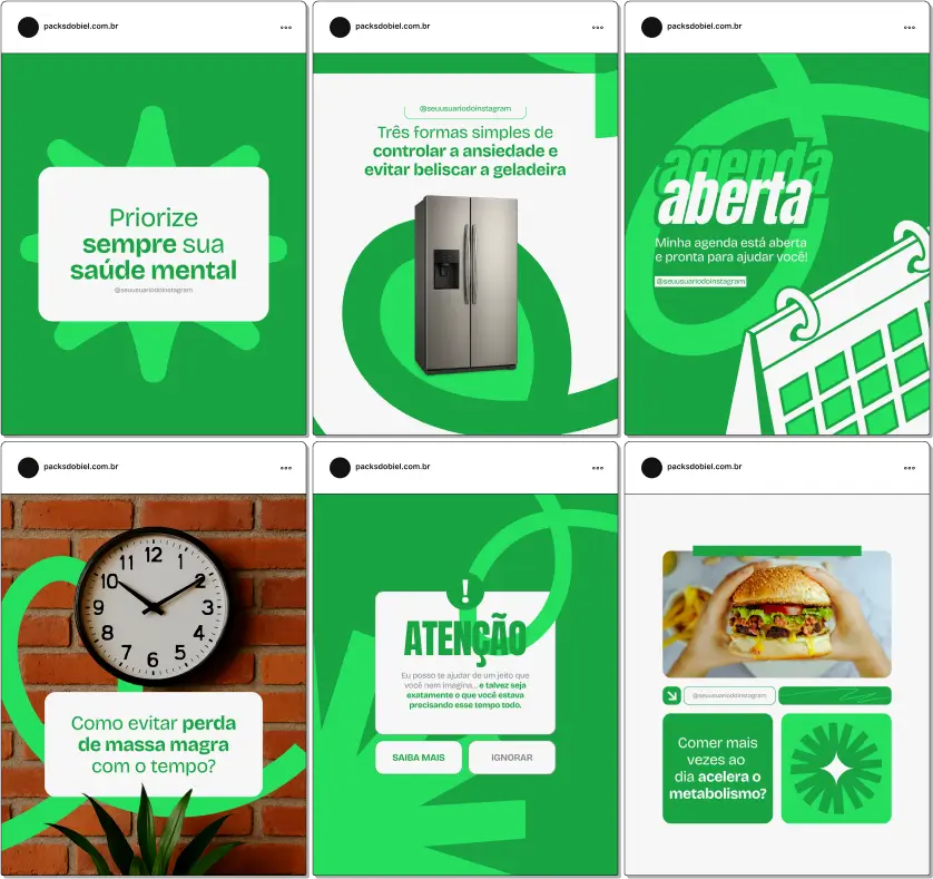 Kit de posts editáveis no Canva para Nutrologia, com artes e textos voltados para Instagram, Facebook e Pinterest. Indicado para médicos nutrólogos, clínicas integradas, profissionais de saúde preventiva e consultórios especializados. Aborda temas como déficit nutricional, obesidade, composição corporal, medicina do estilo de vida e dietas personalizadas, ajudando a informar, atrair e educar pacientes nas redes.