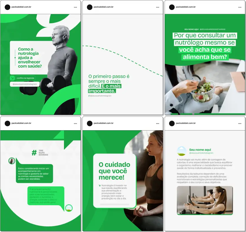 Kit de posts editáveis no Canva para Nutrologia, com artes e textos voltados para Instagram, Facebook e Pinterest. Indicado para médicos nutrólogos, clínicas integradas, profissionais de saúde preventiva e consultórios especializados. Aborda temas como déficit nutricional, obesidade, composição corporal, medicina do estilo de vida e dietas personalizadas, ajudando a informar, atrair e educar pacientes nas redes.