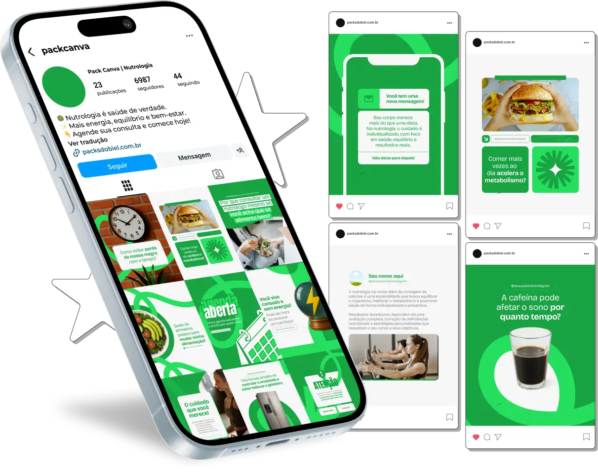 Pack Canva Nutrologia com artes visuais e conteúdos prontos para profissionais que atuam com nutrição médica, performance esportiva e reeducação alimentar. Ideal para perfis que desejam se posicionar com autoridade, promovendo conteúdos sobre inflamação silenciosa, longevidade, exames bioquímicos e orientações médicas nutricionais. Perfeito para aumentar presença digital com uma estética profissional.