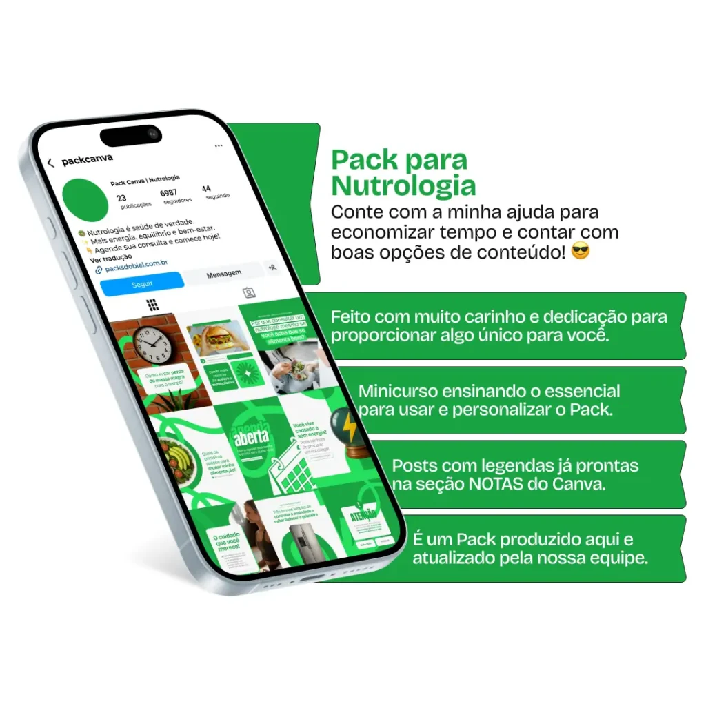 Pack Canva Nutrologia com artes visuais e conteúdos prontos para profissionais que atuam com nutrição médica, performance esportiva e reeducação alimentar. Ideal para perfis que desejam se posicionar com autoridade, promovendo conteúdos sobre inflamação silenciosa, longevidade, exames bioquímicos e orientações médicas nutricionais. Perfeito para aumentar presença digital com uma estética profissional.