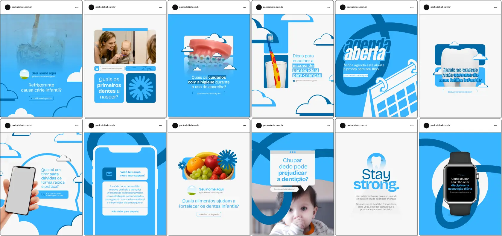 Pack Canva Odontopediatria – Kit de posts prontos e artes editáveis para dentistas infantis, clínicas odontológicas e profissionais da saúde bucal infantil. Com conteúdos sobre prevenção de cáries, escovação correta, hábitos saudáveis e odontologia para bebês, é ideal para fortalecer sua autoridade no Instagram com qualidade e consistência.