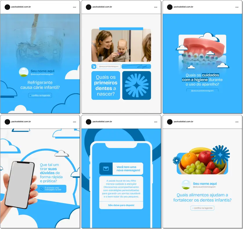 Pack Canva Odontopediatria – Kit de posts prontos e artes editáveis para dentistas infantis, clínicas odontológicas e profissionais da saúde bucal infantil. Com conteúdos sobre prevenção de cáries, escovação correta, hábitos saudáveis e odontologia para bebês, é ideal para fortalecer sua autoridade no Instagram com qualidade e consistência.