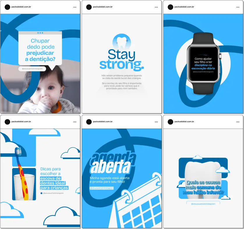 Pack Canva Odontopediatria – Kit de posts prontos e artes editáveis para dentistas infantis, clínicas odontológicas e profissionais da saúde bucal infantil. Com conteúdos sobre prevenção de cáries, escovação correta, hábitos saudáveis e odontologia para bebês, é ideal para fortalecer sua autoridade no Instagram com qualidade e consistência.