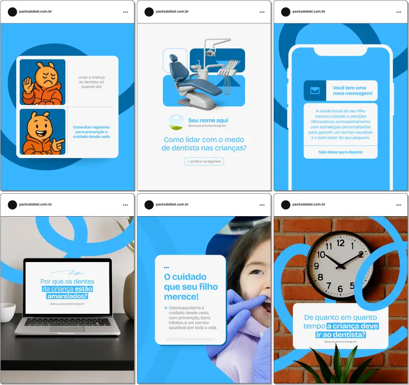 Conteúdos profissionais e visuais prontos para quem trabalha com Odontopediatria! Este Pack Canva traz artes editáveis e textos que abordam cuidados com os dentes das crianças, primeiras consultas, dentição de leite, selantes e educação bucal lúdica. Ideal para redes sociais de dentistas pediátricos que desejam atrair, educar e fidelizar pais e responsáveis.