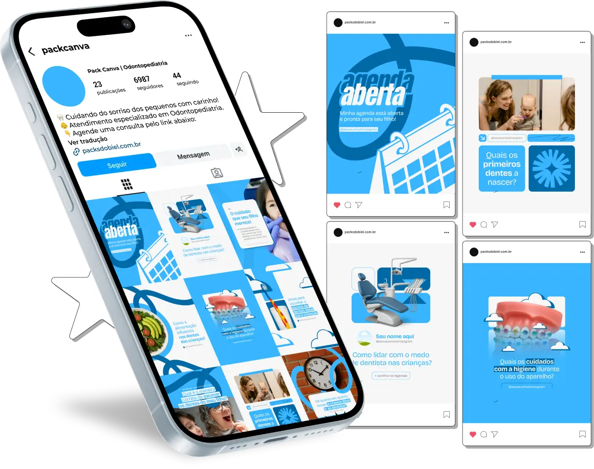 Transforme sua comunicação nas redes sociais com o Pack Canva para Odontopediatria. São posts visuais e educativos para Instagram, criados especialmente para profissionais que atuam com saúde bucal infantil. Aborda temas como prevenção odontológica, medo do dentista, dicas para os pais e rotina de cuidados desde os primeiros anos de vida.