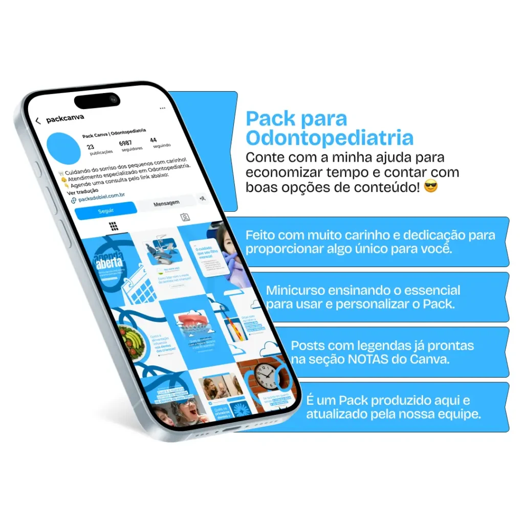 Transforme sua comunicação nas redes sociais com o Pack Canva para Odontopediatria. São posts visuais e educativos para Instagram, criados especialmente para profissionais que atuam com saúde bucal infantil. Aborda temas como prevenção odontológica, medo do dentista, dicas para os pais e rotina de cuidados desde os primeiros anos de vida.