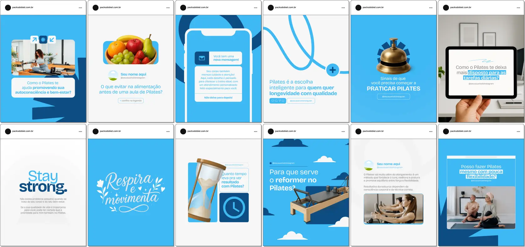 Pack Canva Pilates – Kit com posts editáveis no Canva, desenvolvido para estúdios de pilates, fisioterapeutas, instrutores de pilates solo e pilates clínico que desejam atrair alunos e manter um perfil profissional no Instagram e outras redes sociais. Inclui conteúdos prontos sobre benefícios do pilates, saúde da coluna, alívio de dores, postura, respiração, bem-estar físico e emocional. Ideal para aumentar o engajamento e autoridade digital.