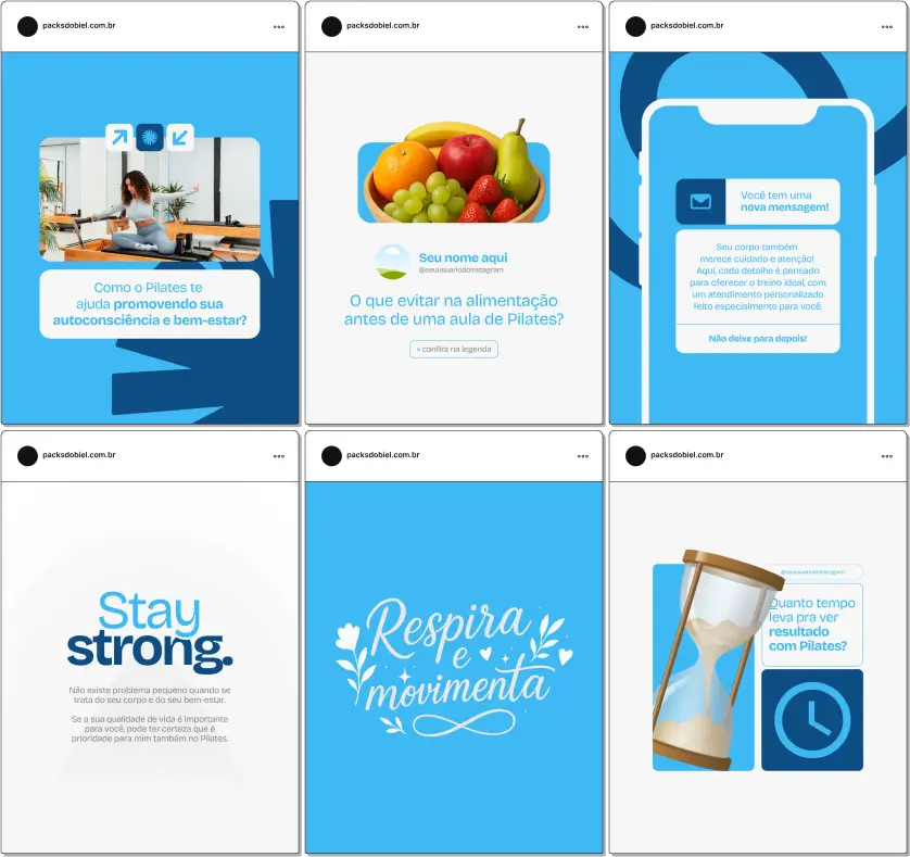 Pack Canva Pilates – Kit com posts editáveis no Canva, desenvolvido para estúdios de pilates, fisioterapeutas, instrutores de pilates solo e pilates clínico que desejam atrair alunos e manter um perfil profissional no Instagram e outras redes sociais. Inclui conteúdos prontos sobre benefícios do pilates, saúde da coluna, alívio de dores, postura, respiração, bem-estar físico e emocional. Ideal para aumentar o engajamento e autoridade digital.