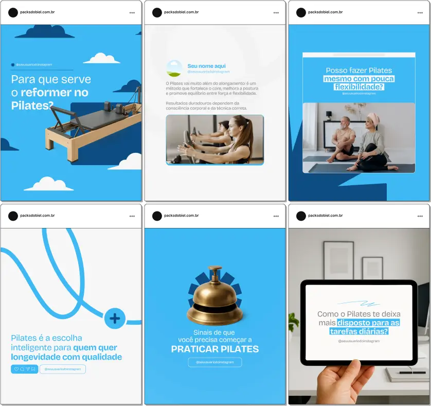 Pack Canva Pilates – Kit com posts editáveis no Canva, desenvolvido para estúdios de pilates, fisioterapeutas, instrutores de pilates solo e pilates clínico que desejam atrair alunos e manter um perfil profissional no Instagram e outras redes sociais. Inclui conteúdos prontos sobre benefícios do pilates, saúde da coluna, alívio de dores, postura, respiração, bem-estar físico e emocional. Ideal para aumentar o engajamento e autoridade digital.