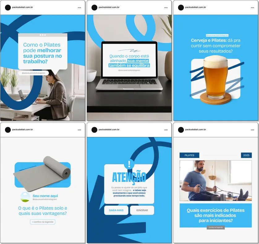 Kit de posts para redes sociais com foco em Pilates, voltado para profissionais da saúde, instrutores de pilates, educadores físicos e fisioterapeutas que atuam com reabilitação, pilates funcional e fortalecimento muscular. Os materiais são 100% editáveis no Canva, com linguagem acessível e visual moderno, perfeitos para Instagram, Facebook e Pinterest, gerando valor, confiança e posicionamento no mercado de bem-estar e movimento.