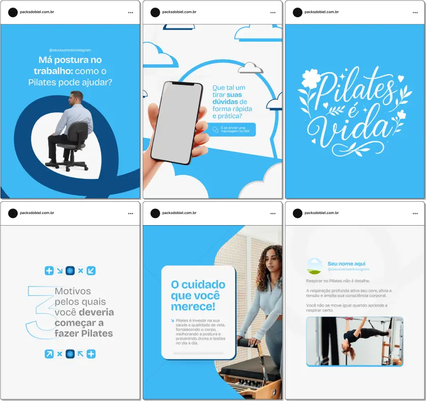 Pack Canva Pilates – Kit com posts editáveis no Canva, desenvolvido para estúdios de pilates, fisioterapeutas, instrutores de pilates solo e pilates clínico que desejam atrair alunos e manter um perfil profissional no Instagram e outras redes sociais. Inclui conteúdos prontos sobre benefícios do pilates, saúde da coluna, alívio de dores, postura, respiração, bem-estar físico e emocional. Ideal para aumentar o engajamento e autoridade digital.