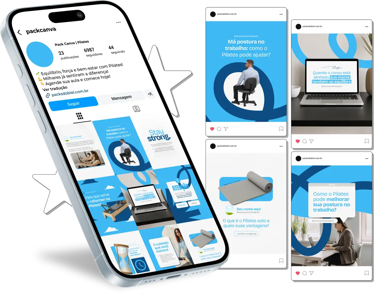 Kit de posts para redes sociais com foco em Pilates, voltado para profissionais da saúde, instrutores de pilates, educadores físicos e fisioterapeutas que atuam com reabilitação, pilates funcional e fortalecimento muscular. Os materiais são 100% editáveis no Canva, com linguagem acessível e visual moderno, perfeitos para Instagram, Facebook e Pinterest, gerando valor, confiança e posicionamento no mercado de bem-estar e movimento.
