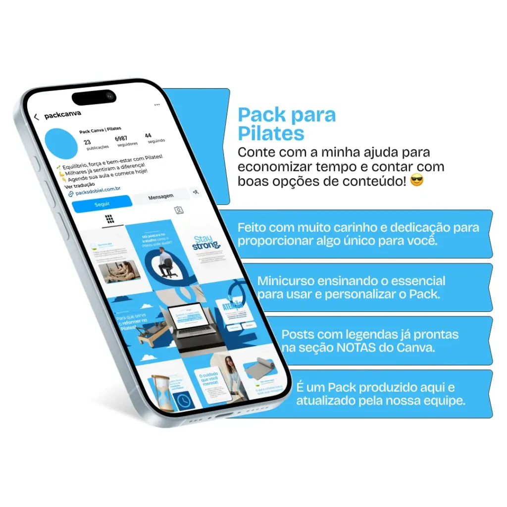 Kit de posts para redes sociais com foco em Pilates, voltado para profissionais da saúde, instrutores de pilates, educadores físicos e fisioterapeutas que atuam com reabilitação, pilates funcional e fortalecimento muscular. Os materiais são 100% editáveis no Canva, com linguagem acessível e visual moderno, perfeitos para Instagram, Facebook e Pinterest, gerando valor, confiança e posicionamento no mercado de bem-estar e movimento.