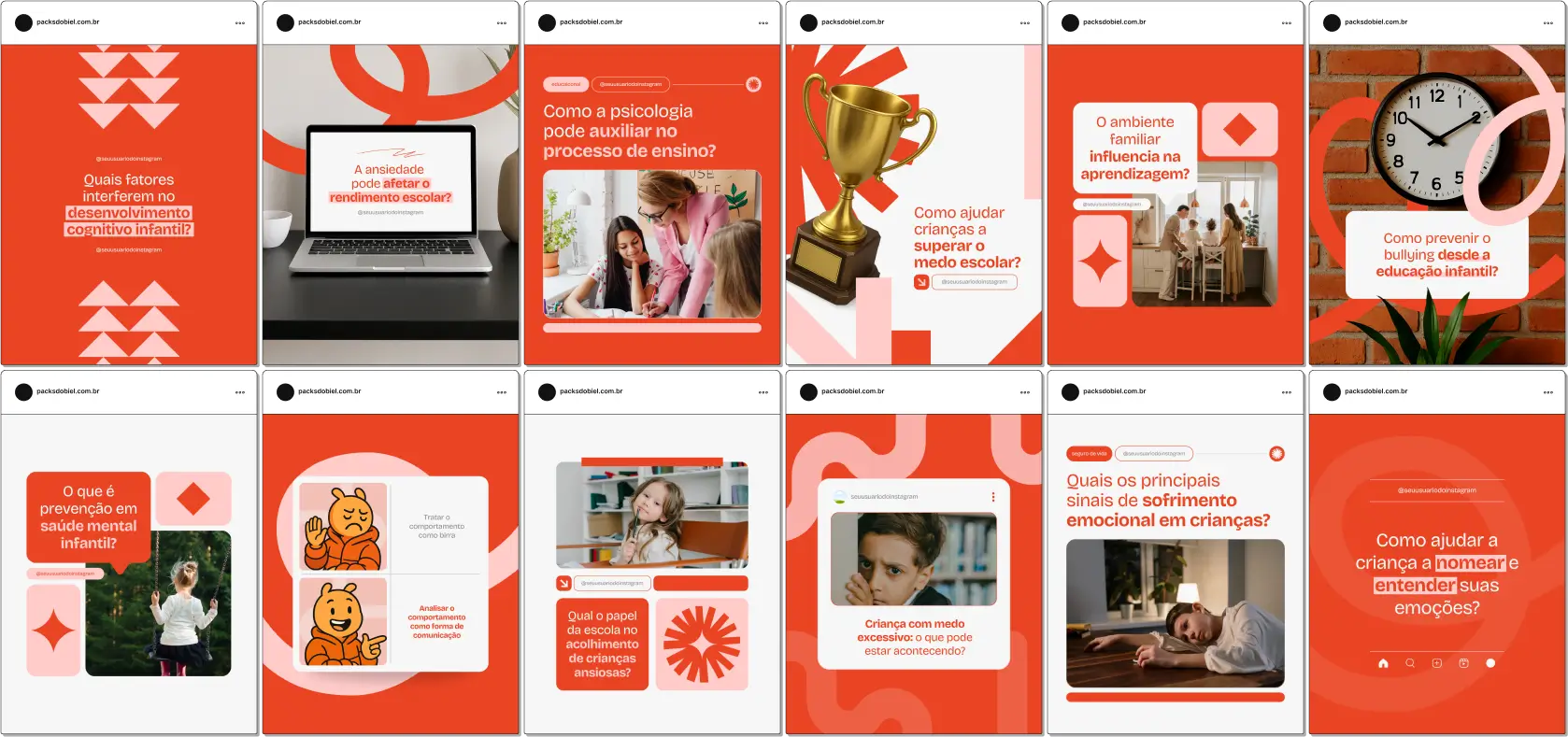 Com este Pack Canva para Psicologia Educacional, você pode criar conteúdos estratégicos para abordar temas como TDAH, ansiedade escolar, bullying, apoio emocional e desenvolvimento socioemocional. Ideal para fortalecer sua autoridade e engajar pais, professores e alunos nas redes sociais.