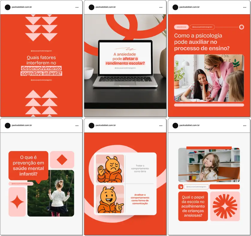 Pack Canva Psicologia Educacional – Kit com posts editáveis e artes personalizadas para psicólogos educacionais, profissionais de apoio escolar e pedagogos. Conteúdos prontos para Instagram e redes sociais sobre desenvolvimento infantil, dificuldades de aprendizagem, técnicas de ensino e saúde mental na escola.