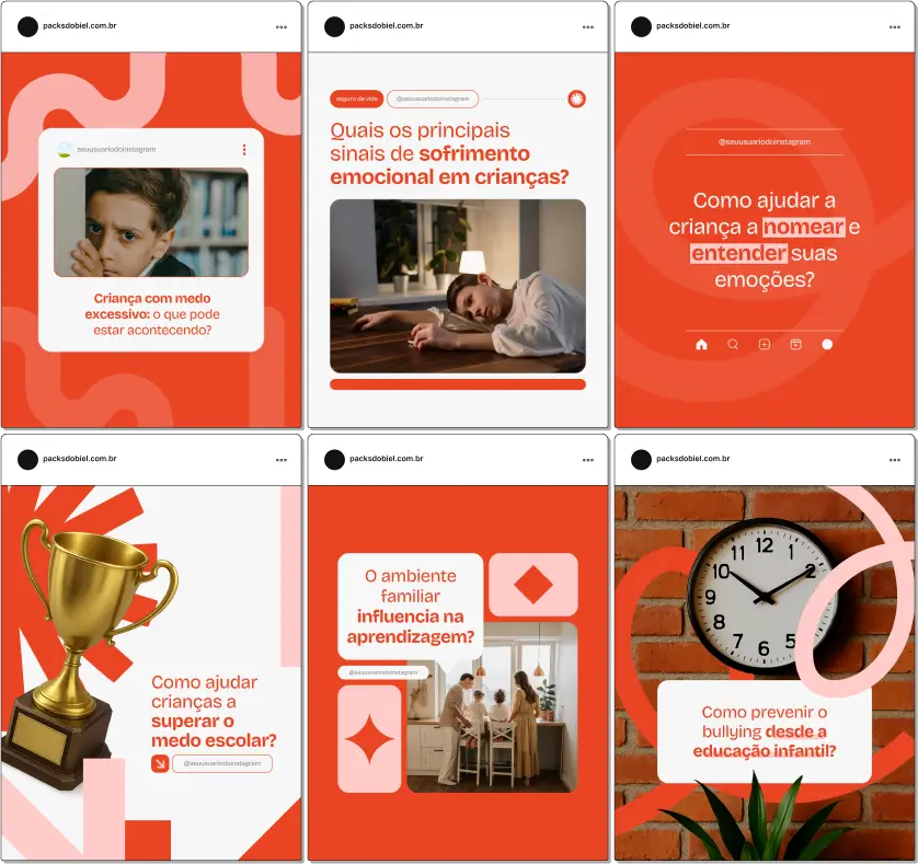 Kit de posts prontos e artes editáveis focados em Psicologia Educacional, voltados para profissionais que atuam com crianças e adolescentes. Conteúdos educativos sobre processos cognitivos, estratégias para melhorar o rendimento escolar, inclusão e saúde mental no ambiente escolar.