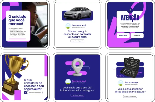 Pack Canva Seguro Auto – Kit com posts e artes editáveis para corretores de seguros que desejam atrair mais clientes no Instagram e nas redes sociais. Conteúdos prontos sobre proteção veicular, diferenciais de coberturas, prevenção de riscos e benefícios de contratar com corretor.