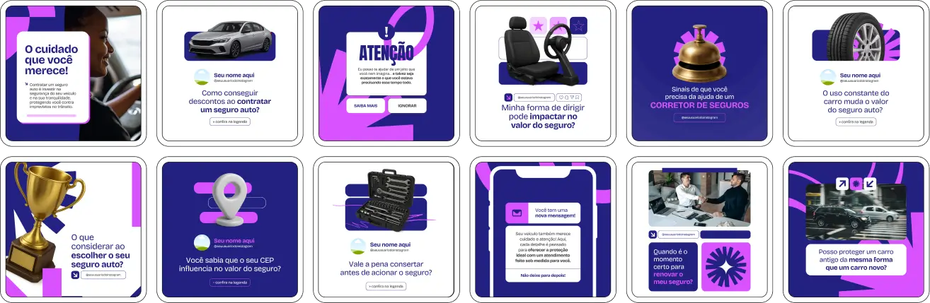 Pack Canva Seguro Auto – Kit com posts e artes editáveis para corretores de seguros que desejam atrair mais clientes no Instagram e nas redes sociais. Conteúdos prontos sobre proteção veicular, diferenciais de coberturas, prevenção de riscos e benefícios de contratar com corretor.