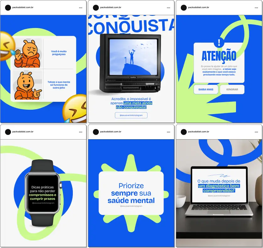 Pack Canva TDAH – Kit com posts e artes editáveis no Canva, ideal para psicólogos, neuropsicólogos, educadores, terapeutas e profissionais da saúde mental que atuam com Transtorno do Déficit de Atenção e Hiperatividade. Inclui conteúdos prontos sobre diagnóstico, sintomas, tratamentos, estratégias de manejo, dicas para pais e professores, e técnicas para melhorar a concentração e comportamento, perfeito para Instagram e outras redes sociais.