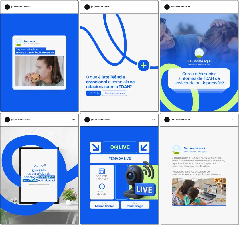 Pack Canva TDAH – Kit com posts e artes editáveis no Canva, ideal para psicólogos, neuropsicólogos, educadores, terapeutas e profissionais da saúde mental que atuam com Transtorno do Déficit de Atenção e Hiperatividade. Inclui conteúdos prontos sobre diagnóstico, sintomas, tratamentos, estratégias de manejo, dicas para pais e professores, e técnicas para melhorar a concentração e comportamento, perfeito para Instagram e outras redes sociais.