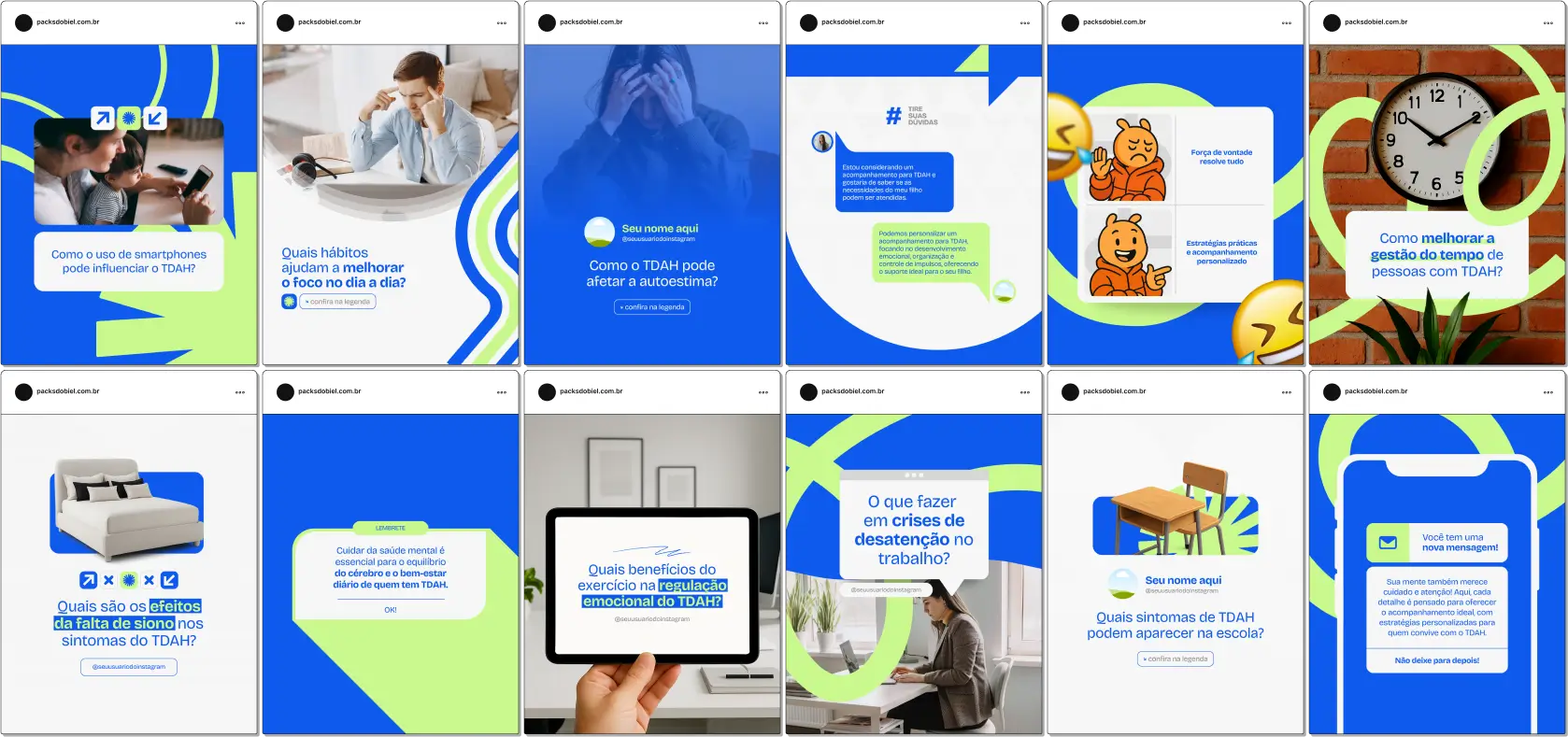 Kit de posts editáveis no Canva focado em TDAH, com artes e textos informativos para profissionais da psicopedagogia, psicologia infantil, educação especial e neurodesenvolvimento. Voltado para redes sociais como Instagram, Facebook e LinkedIn, ajuda a educar a audiência, esclarecer dúvidas frequentes e fortalecer o posicionamento digital em temas de saúde mental, educação inclusiva e apoio terapêutico.