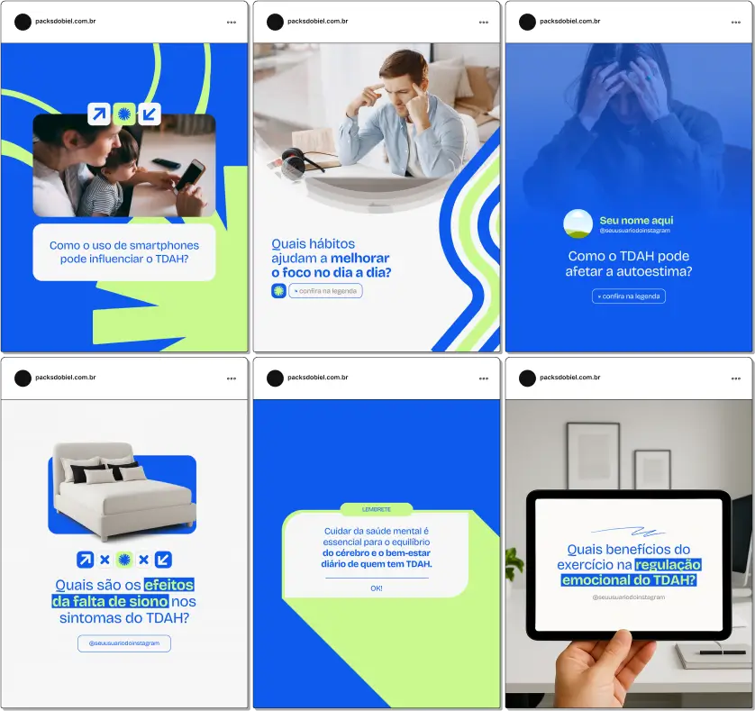 Kit de posts editáveis no Canva focado em TDAH, com artes e textos informativos para profissionais da psicopedagogia, psicologia infantil, educação especial e neurodesenvolvimento. Voltado para redes sociais como Instagram, Facebook e LinkedIn, ajuda a educar a audiência, esclarecer dúvidas frequentes e fortalecer o posicionamento digital em temas de saúde mental, educação inclusiva e apoio terapêutico.