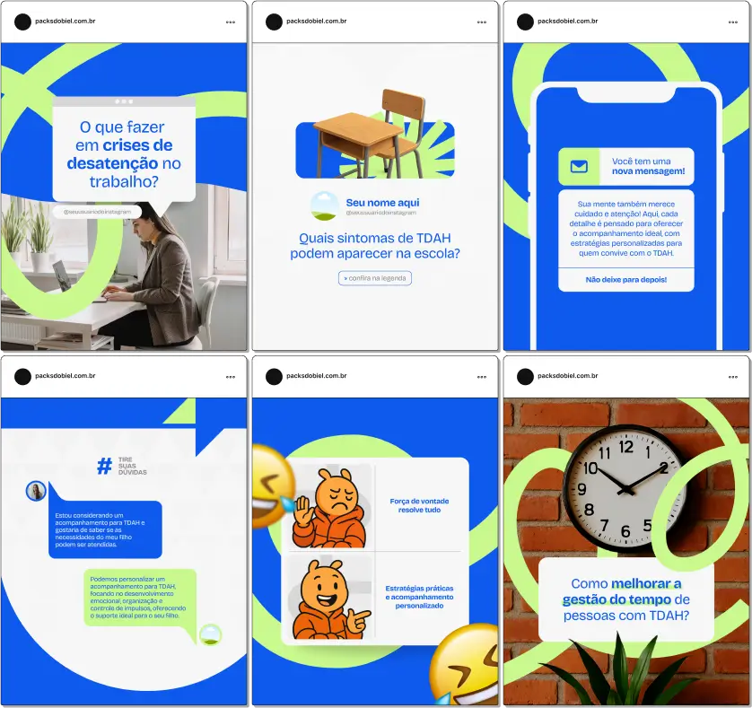 Kit de posts editáveis no Canva focado em TDAH, com artes e textos informativos para profissionais da psicopedagogia, psicologia infantil, educação especial e neurodesenvolvimento. Voltado para redes sociais como Instagram, Facebook e LinkedIn, ajuda a educar a audiência, esclarecer dúvidas frequentes e fortalecer o posicionamento digital em temas de saúde mental, educação inclusiva e apoio terapêutico.
