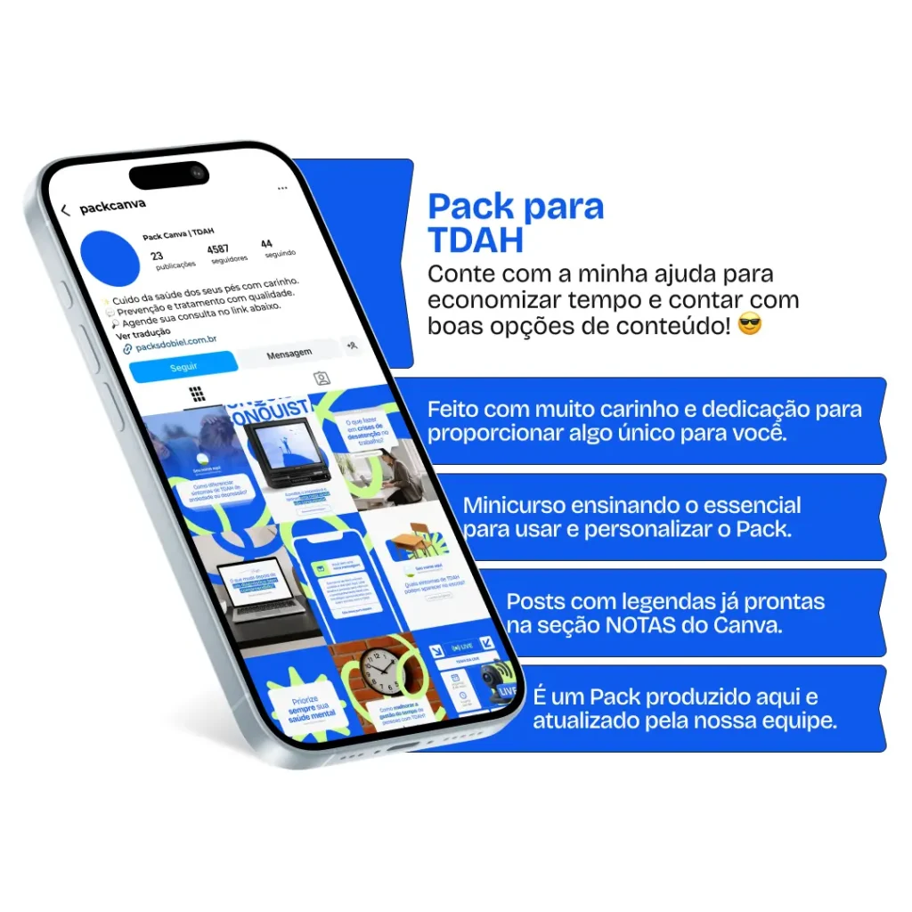 Kit de posts editáveis no Canva focado em TDAH, com artes e textos informativos para profissionais da psicopedagogia, psicologia infantil, educação especial e neurodesenvolvimento. Voltado para redes sociais como Instagram, Facebook e LinkedIn, ajuda a educar a audiência, esclarecer dúvidas frequentes e fortalecer o posicionamento digital em temas de saúde mental, educação inclusiva e apoio terapêutico.