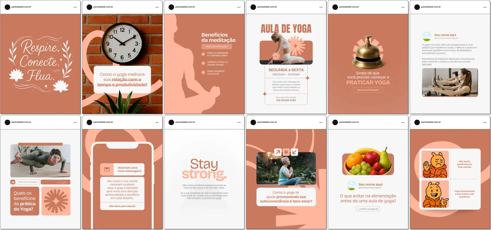 Pack Canva Yoga – Kit com posts prontos e artes editáveis no Canva para professores de yoga, estúdios e instrutores autônomos que desejam fortalecer sua presença no Instagram. Inclui conteúdos sobre posturas (ásanas), respiração (pranayama), meditação guiada, benefícios do yoga para saúde mental, alívio de estresse e qualidade de vida. Ideal para atrair alunos e manter um perfil profissional nas redes sociais.