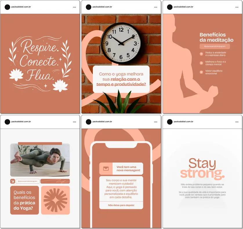 Kit de posts e artes editáveis para Yoga no Canva, com foco em conteúdo visual e estratégico para redes sociais como Instagram, Facebook e Pinterest. Indicado para instrutores de hatha yoga, vinyasa flow, yoga restaurativo e terapeutas holísticos. Os materiais ajudam a educar, inspirar e engajar seguidores com temas sobre equilíbrio emocional, alongamento, consciência corporal e estilo de vida saudável.