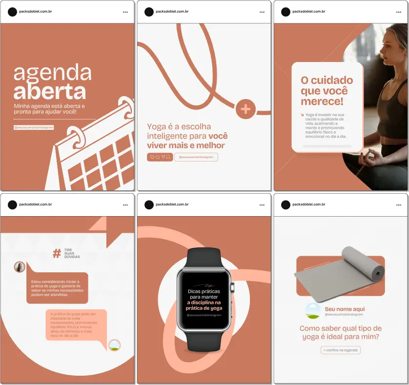 Pack Canva Yoga – Kit com posts prontos e artes editáveis no Canva para professores de yoga, estúdios e instrutores autônomos que desejam fortalecer sua presença no Instagram. Inclui conteúdos sobre posturas (ásanas), respiração (pranayama), meditação guiada, benefícios do yoga para saúde mental, alívio de estresse e qualidade de vida. Ideal para atrair alunos e manter um perfil profissional nas redes sociais.
