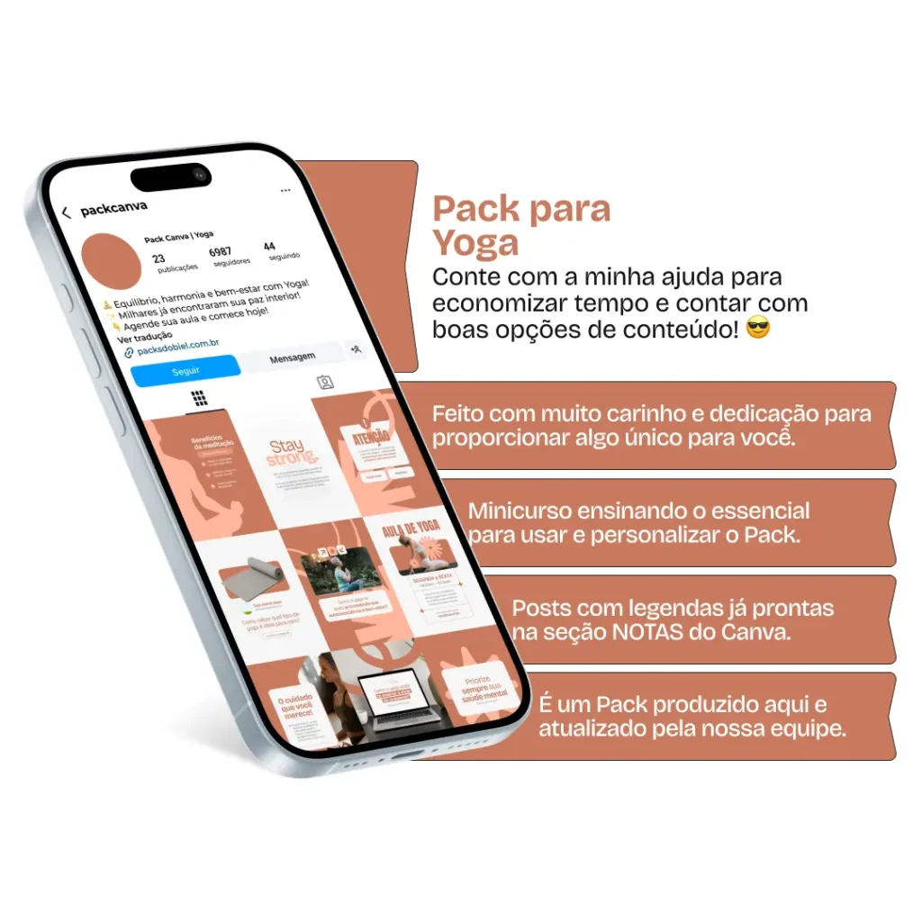 Pack de conteúdos no Canva para profissionais de Yoga, com posts editáveis e artes modernas para redes sociais. Voltado para instrutores, estúdios de bem-estar, terapeutas integrativos e criadores de conteúdo espiritual. Aborda temas como chakras, rotina de autocuidado, yoga para iniciantes e práticas para ansiedade, com o objetivo de gerar autoridade, atrair público e humanizar o perfil digital.