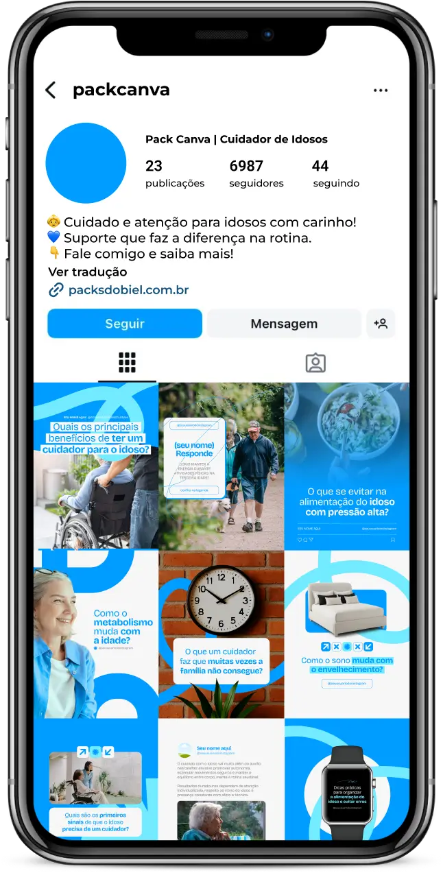 Pack Canva para Cuidador de Idosos com designs profissionais e conteúdos educativos prontos para Instagram, Facebook e outras redes sociais. Indicado para quem atua com gerontologia, saúde do idoso, reabilitação e suporte familiar. Os posts reforçam autoridade, confiança e empatia, abordando temas técnicos com linguagem acessível ao público final.