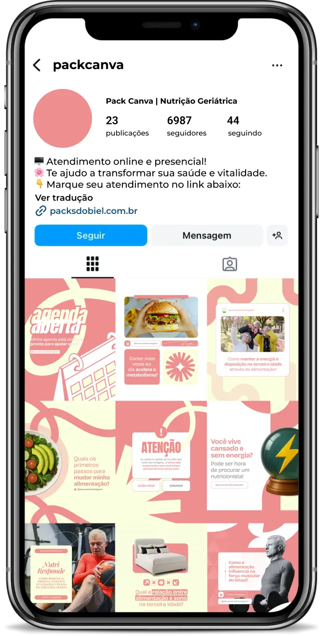 Pack Canva Nutrição Geriátrica – Artes editáveis e posts prontos sobre alimentação saudável para idosos, nutrição clínica, prevenção de sarcopenia, suplementação e hábitos alimentares na terceira idade. Ideal para nutricionistas, clínicas e profissionais da saúde no Instagram e outras redes.