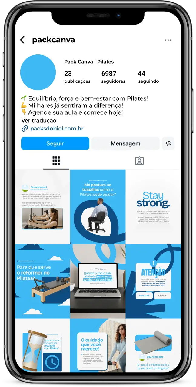 Kit de posts para redes sociais com foco em Pilates, voltado para profissionais da saúde, instrutores de pilates, educadores físicos e fisioterapeutas que atuam com reabilitação, pilates funcional e fortalecimento muscular. Os materiais são 100% editáveis no Canva, com linguagem acessível e visual moderno, perfeitos para Instagram, Facebook e Pinterest, gerando valor, confiança e posicionamento no mercado de bem-estar e movimento.