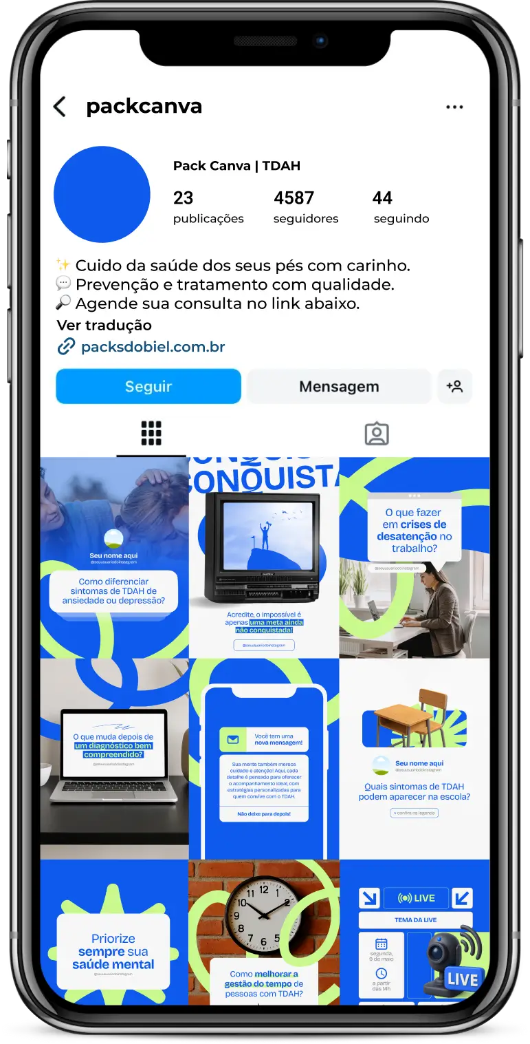 Kit de posts editáveis no Canva focado em TDAH, com artes e textos informativos para profissionais da psicopedagogia, psicologia infantil, educação especial e neurodesenvolvimento. Voltado para redes sociais como Instagram, Facebook e LinkedIn, ajuda a educar a audiência, esclarecer dúvidas frequentes e fortalecer o posicionamento digital em temas de saúde mental, educação inclusiva e apoio terapêutico.