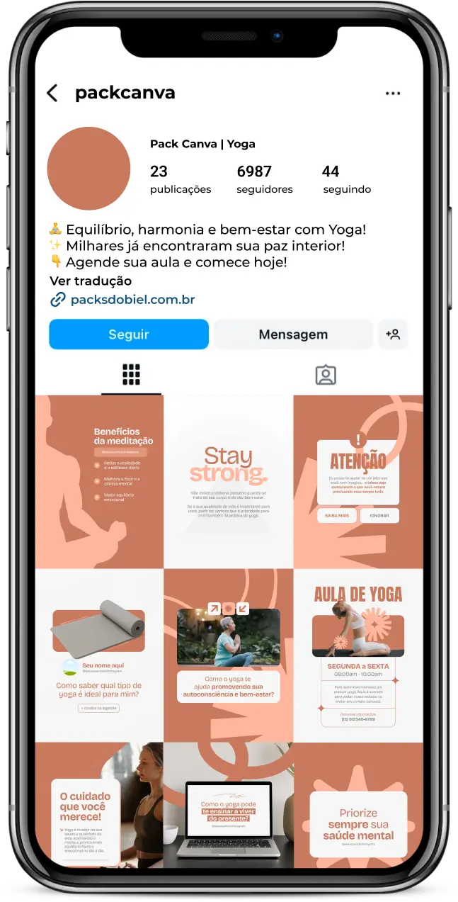 Pack de conteúdos no Canva para profissionais de Yoga, com posts editáveis e artes modernas para redes sociais. Voltado para instrutores, estúdios de bem-estar, terapeutas integrativos e criadores de conteúdo espiritual. Aborda temas como chakras, rotina de autocuidado, yoga para iniciantes e práticas para ansiedade, com o objetivo de gerar autoridade, atrair público e humanizar o perfil digital.