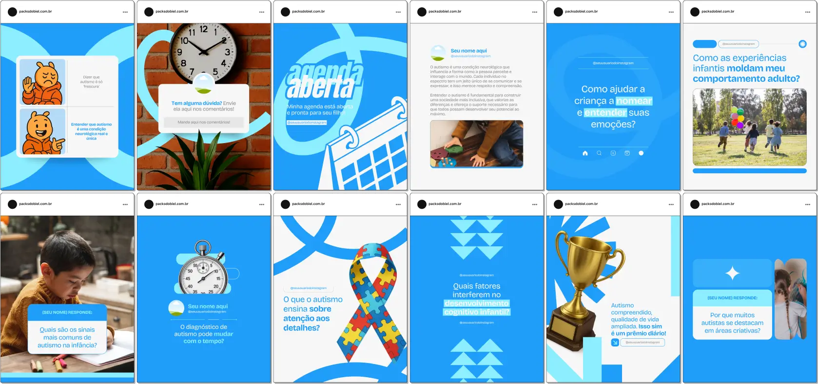 Com este Pack Canva para Autismo, você cria uma presença digital informativa com posts sobre transtorno do espectro autista, intervenções terapêuticas, dicas para estimular habilidades sociais, sensibilização, inclusão e cuidados diários. Tudo editável no Canva, fácil de usar.