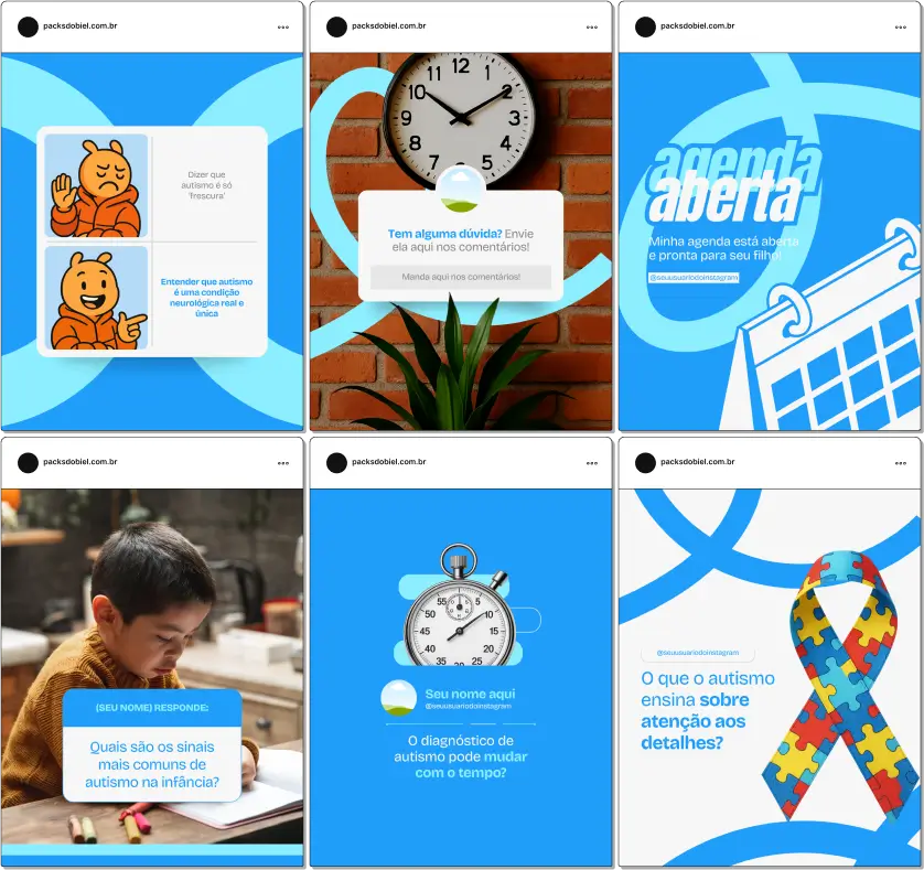 Kit completo para profissionais e familiares que atuam ou convivem com autismo, com posts sobre comportamento, técnicas de ensino, comunicação alternativa, direitos, terapias complementares e sensibilização social. Design profissional e personalizável para Instagram e outras redes.