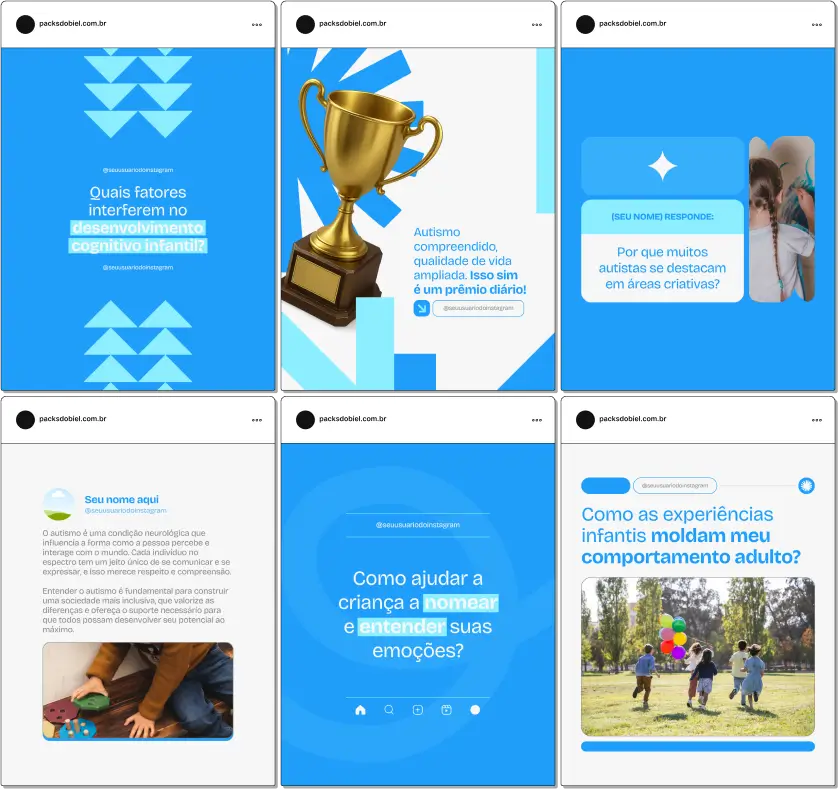 Pack Canva Autismo – Kit com posts e artes editáveis para terapeutas, psicólogos, educadores e famílias. Conteúdos prontos para Instagram e redes sociais sobre diagnóstico, sinais precoces, estratégias de comunicação, inclusão escolar, desenvolvimento social e apoio familiar.