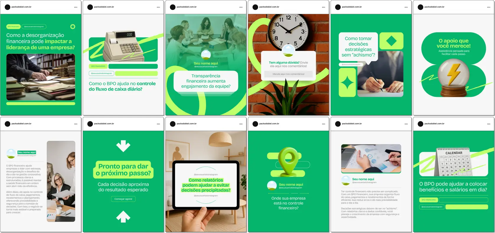 Kit completo para empresas e profissionais de BPO Financeiro com posts sobre consultoria financeira, automação de processos contábeis, gestão de faturamento, redução de custos, indicadores financeiros, planejamento estratégico e educação financeira para clientes corporativos. Design moderno e editável para redes sociais.