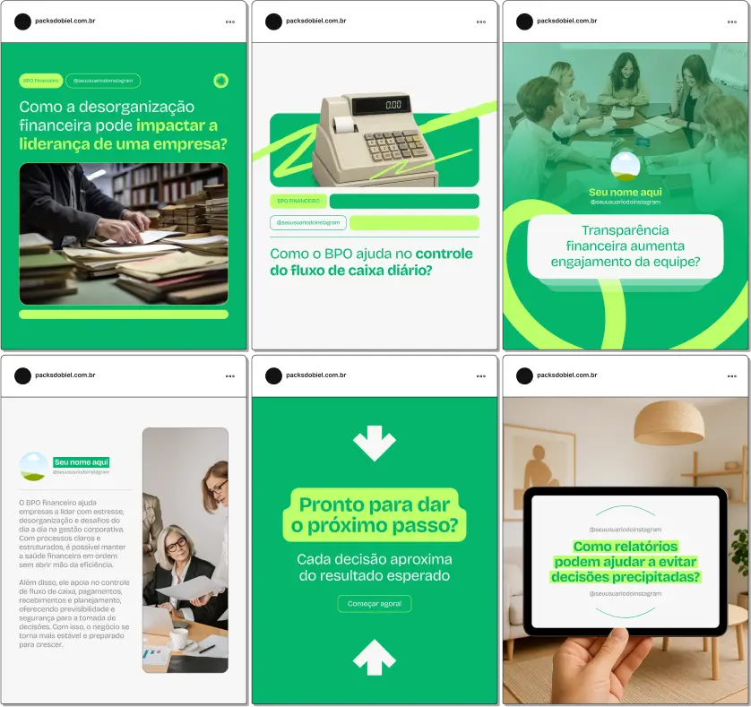 Com este Pack Canva para BPO Financeiro, você cria posts educativos sobre terceirização de serviços financeiros, controle de contas a pagar e receber, planejamento tributário, gestão de despesas, relatórios contábeis e dicas para melhorar a saúde financeira de empresas. Tudo personalizável no Canva e pronto para postar.