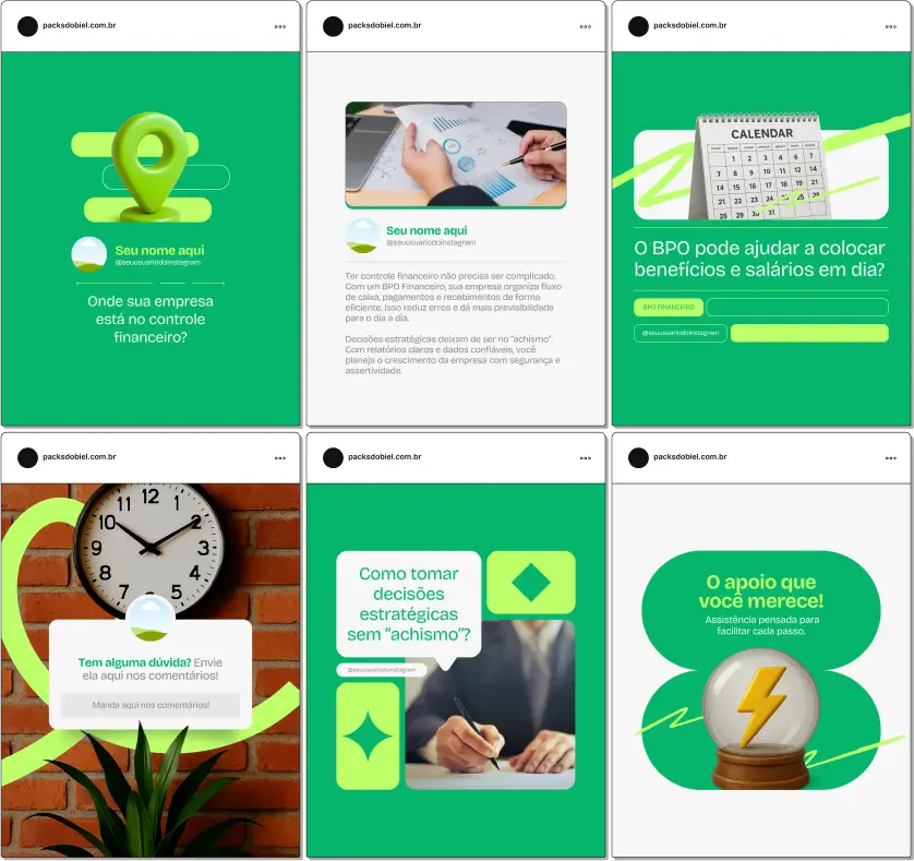 Pack Canva BPO Financeiro – Kit com posts e artes editáveis para empresas de BPO financeiro, contadores, consultores e profissionais de finanças. Conteúdos prontos para Instagram e redes sociais sobre gestão financeira, fluxo de caixa, terceirização de processos contábeis, análise de custos, planejamento estratégico e otimização de recursos empresariais.