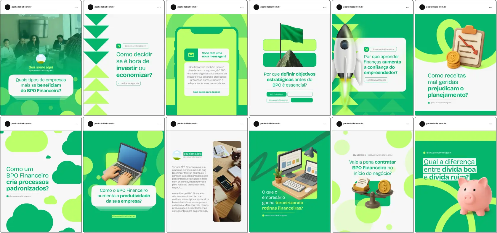 Com este Pack Canva para BPO Financeiro, você cria posts educativos sobre serviços de contabilidade terceirizada, organização financeira empresarial, planejamento tributário, automação de processos financeiros, auditoria, consultoria contábil e estratégias para engajar clientes e seguidores nas redes sociais. Totalmente personalizável no Canva e pronto para publicação.