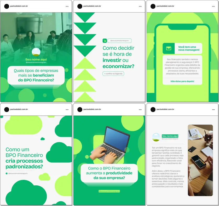 Pack Canva BPO Financeiro – Kit com posts e artes editáveis para contadores, consultores financeiros, empresas de BPO financeiro e profissionais de gestão contábil. Conteúdos prontos para Instagram e redes sociais sobre planejamento financeiro, gestão de contas, controle de fluxo de caixa, terceirização contábil, relatórios financeiros e dicas para aumentar a eficiência empresarial.