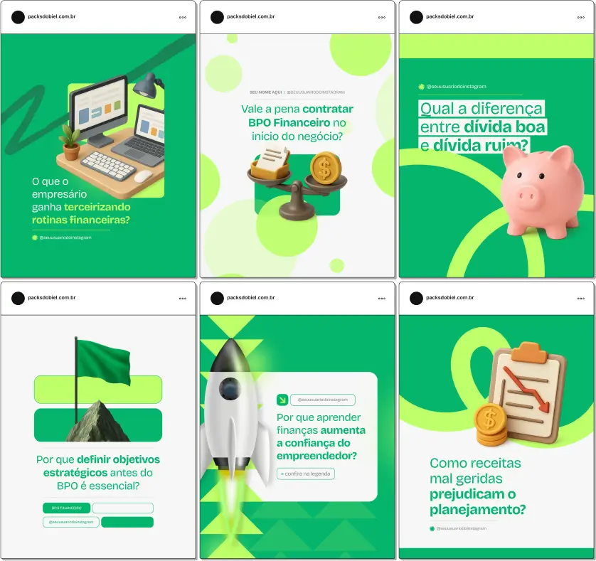 Kit completo para profissionais e empresas de BPO Financeiro com posts sobre análise financeira, gestão de despesas, controle de receitas, otimização de processos contábeis, relatórios gerenciais, educação financeira corporativa e dicas para fortalecer a presença digital em Instagram e outras redes sociais.