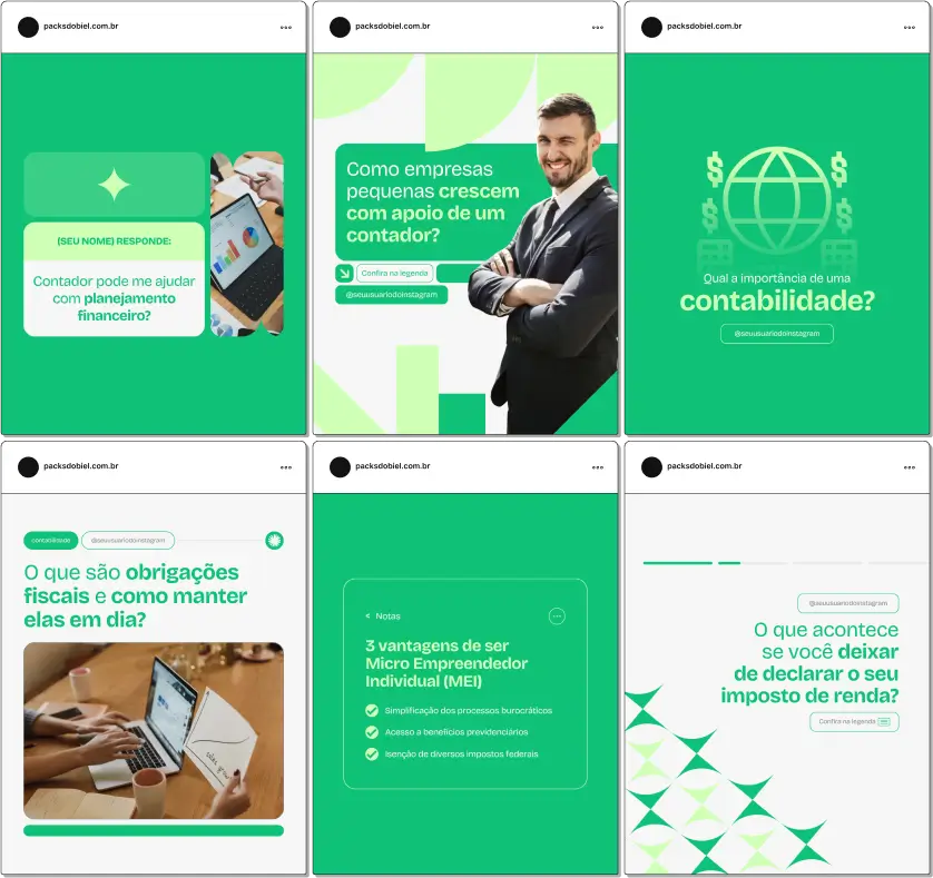 Kit de posts para contadores com conteúdo técnico e educativo prontos para publicar. Fale sobre regimes tributários, calendário fiscal, contabilidade para pequenas empresas, dicas para reduzir impostos e organizar finanças. Tudo 100% editável para seu perfil profissional no Instagram e outras redes.