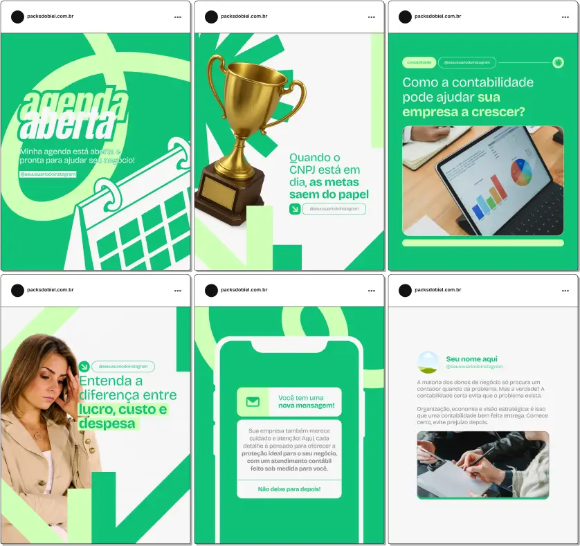 Pack Canva Contabilidade – Kit com posts prontos e artes editáveis para contadores, escritórios contábeis e profissionais autônomos. Conteúdos sobre planejamento tributário, obrigações fiscais, dicas financeiras, abertura de empresas, imposto de renda e contabilidade consultiva para redes sociais.