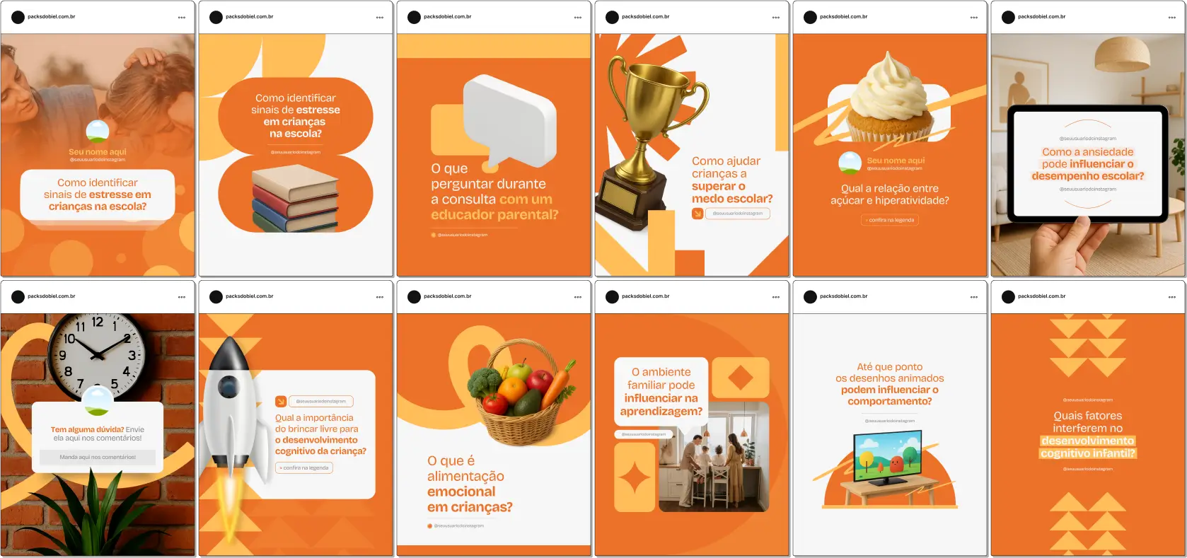 Com este Pack Canva para Educação Parental, você terá posts educativos sobre estratégias de orientação parental, fortalecimento de vínculos familiares, gerenciamento de birras e desafios da infância, métodos de incentivo ao aprendizado, comunicação efetiva entre pais e filhos e dicas de rotina saudável. Totalmente editável no Canva e pronto para publicar.