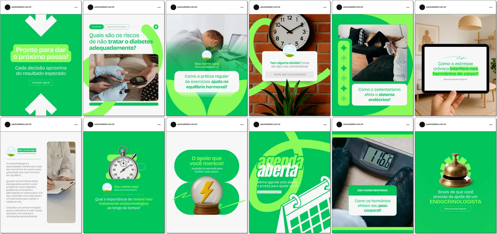 Com este Pack Canva para Endocrinologia, você compartilha posts informativos sobre prevenção e tratamento de doenças endócrinas, dicas para controle glicêmico, alimentação saudável, equilíbrio hormonal, exercícios físicos e bem-estar. Tudo editável e pronto para postar.